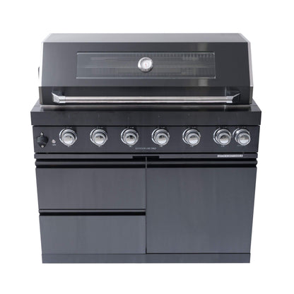 Castelle Flame Inferno Premium Black Stainless Steel 6-Burner Liquid Propane Kitchen Grill Island with Rotisserie Kit
