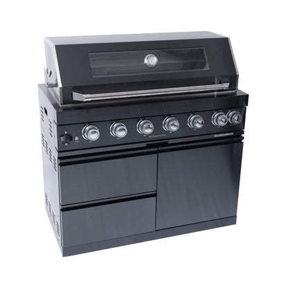 Castelle Flame Inferno Premium Black Stainless Steel 6-Burner Liquid Propane Kitchen Grill Island with Rotisserie Kit
