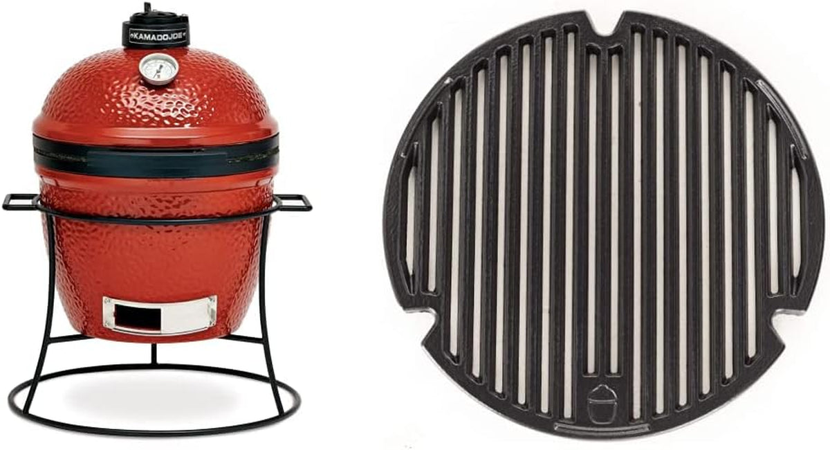 KJ13RH Joe Jr. 13.5 Inch Portable Charcoal Grill with Cast Iron Cart and Heat Deflectors, Blaze Red and  KJ15090620 Cast Iron Sear Plate