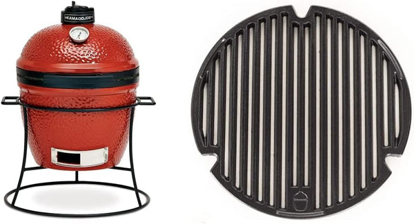 KJ13RH Joe Jr. 13.5 Inch Portable Charcoal Grill with Cast Iron Cart and Heat Deflectors, Blaze Red and  KJ15090620 Cast Iron Sear Plate