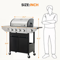 4 Burner Propane Gas Grill with Side Burner, Stainless Steel BBQ Grill 48,500 BTU for Outdoor Cooking Kitchen, Garden and Patio Backyard Barbecue, Dark Black and Silver