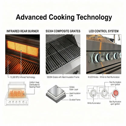 Fuente 75300 BTU 6 Burners Deluxe Stainless Steel Gas Outdoor Kitchen Barbecue Island Grill