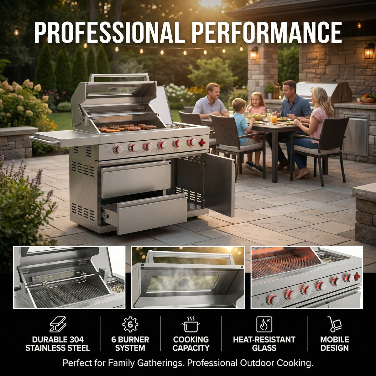 Fuente 75300 BTU 6 Burners Deluxe Stainless Steel Gas Outdoor Kitchen Barbecue Island Grill