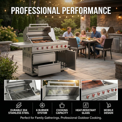 Fuente 75300 BTU 6 Burners Deluxe Stainless Steel Gas Outdoor Kitchen Barbecue Island Grill