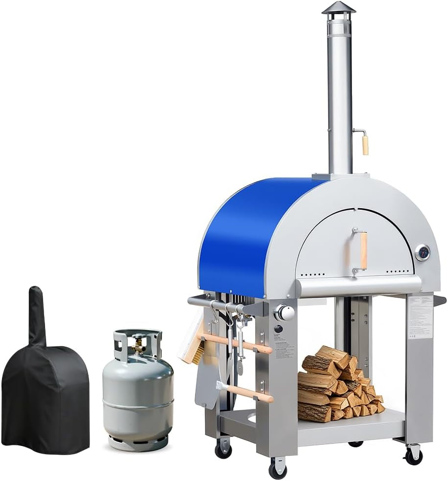 32.5 Inch Wood Fired and Propane Gas Pizza Oven for Outdoor Kitchen in Stainless Steel, Large Pizza Oven for Outside, Yard and Party (Blue with Cover)