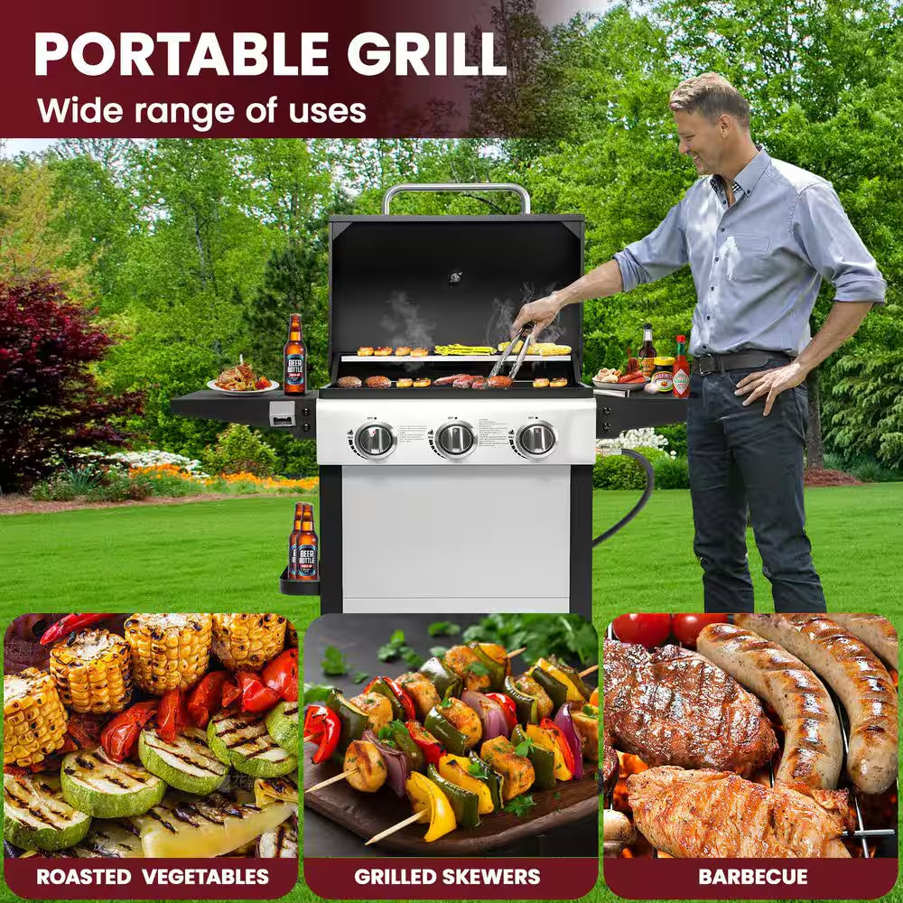 30,000 BTU 3-Burner Outdoor BBQ Portable Propane Gas Grill in Stainless Steel Silver with 2-Side Tables, 4-Wheel Casters