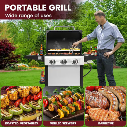 30,000 BTU 3-Burner Outdoor BBQ Portable Propane Gas Grill in Stainless Steel Silver with 2-Side Tables, 4-Wheel Casters