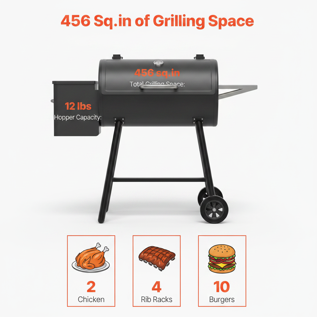 Wood Pellet Grill and Smoker, 8 in 1 BBQ Grills for Outdoor Cooking, 456 Sq. In. Cook Area Electric Grill in Black