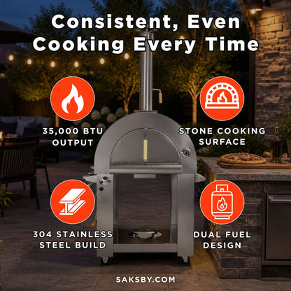 KoKoMo Grills Premium 32-Inch Stainless Steel Dual-Fuel Gas Or Wood Fired Pizza Oven [KO-PIZZAOVEN]