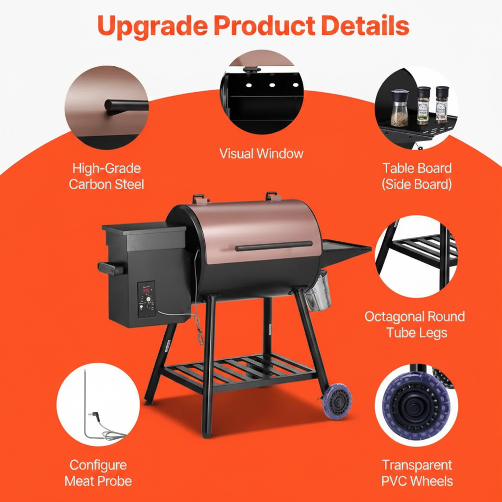 Wood Pellet Grill and Smoker, 8 in 1 BBQ Grills for Outdoor Cooking, 456 Sq. In. Cook Area Electric Grill in Black